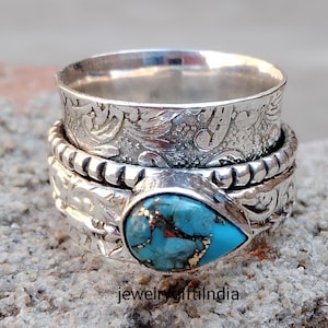 Oyster Copper Turquoise Solid 925 Sterling Silver Ring, Handmade Hammered Bar Band Ring Gifts For Her Birthday Wedding Anniversary