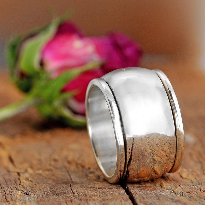 Thick Wide Band, Spinner Ring, 925 Sterling Silver Ring, Dome Ring, Chunky Fidget Meditation Ring, Silver Spinner Anxiety Rings image 3