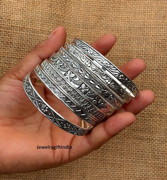 Sterling Silver Bangle Set of 7: Handmade Boho West India Jewelry