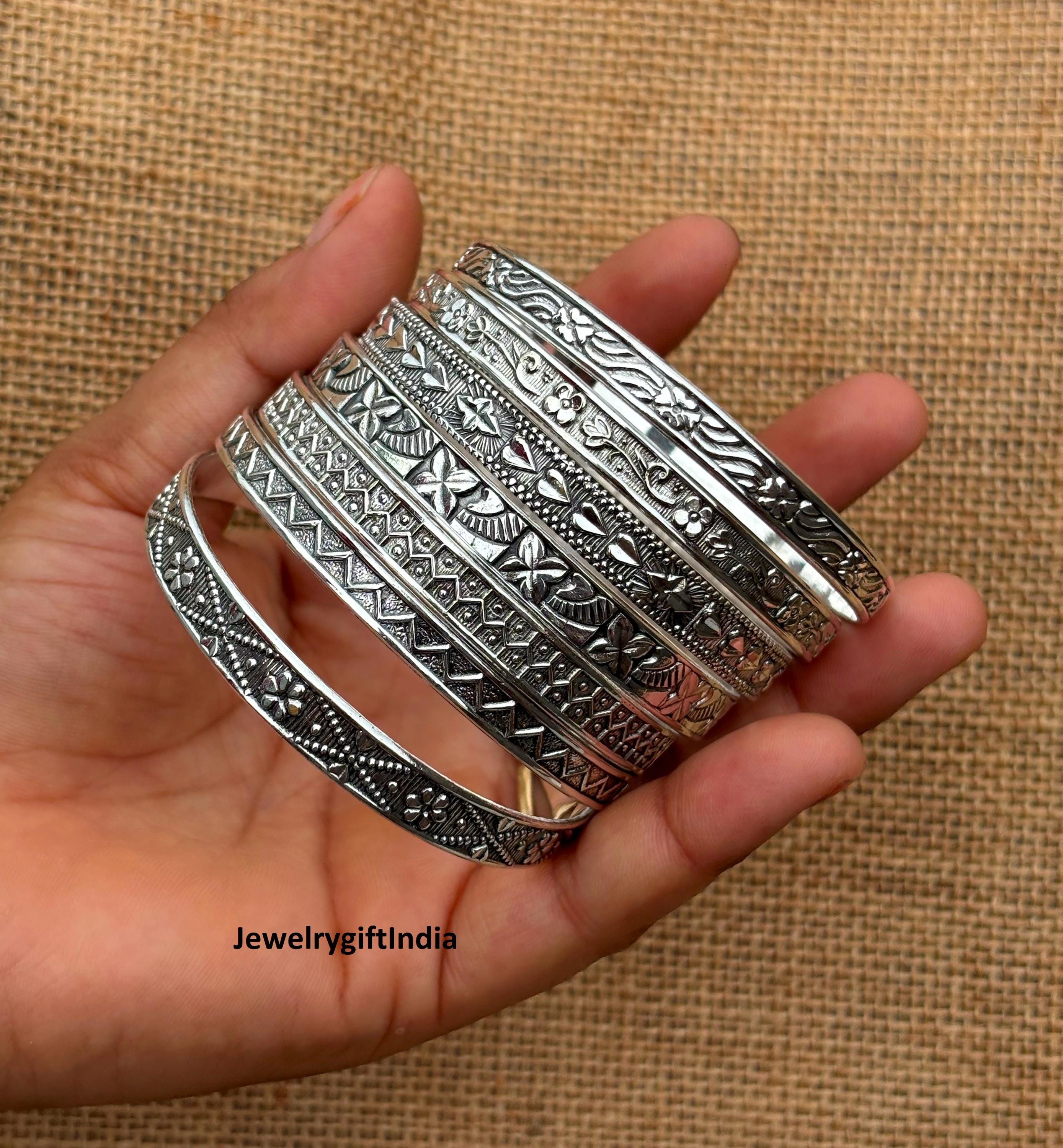 Sterling Silver Bangle Set of 7: Handmade Boho West India Jewelry