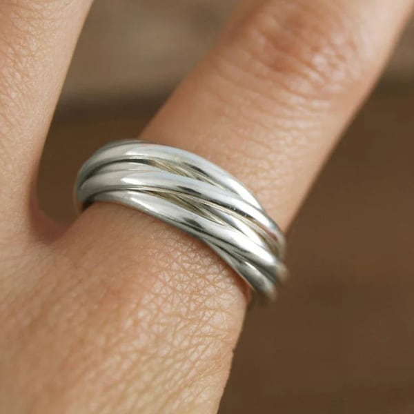 5 anneaux à rouler en argent sterling 925, anneaux multi-rangs, bague faite main, anneau entrelacé, bague tendance, prêt à expédier