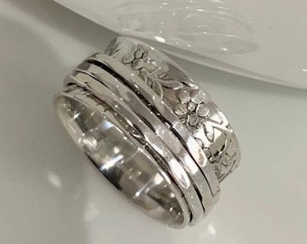 Handmade 925 Sterling Silver Flower Spinner Ring: Meditation Thumb Ring