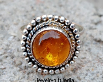 Handmade Baltic Amber Ring: 925 Sterling Silver Band, Round Gemstone