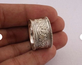 Sterling Silver Filigree Eternity Band Ring - Artisan Crafted 14mm Wide
