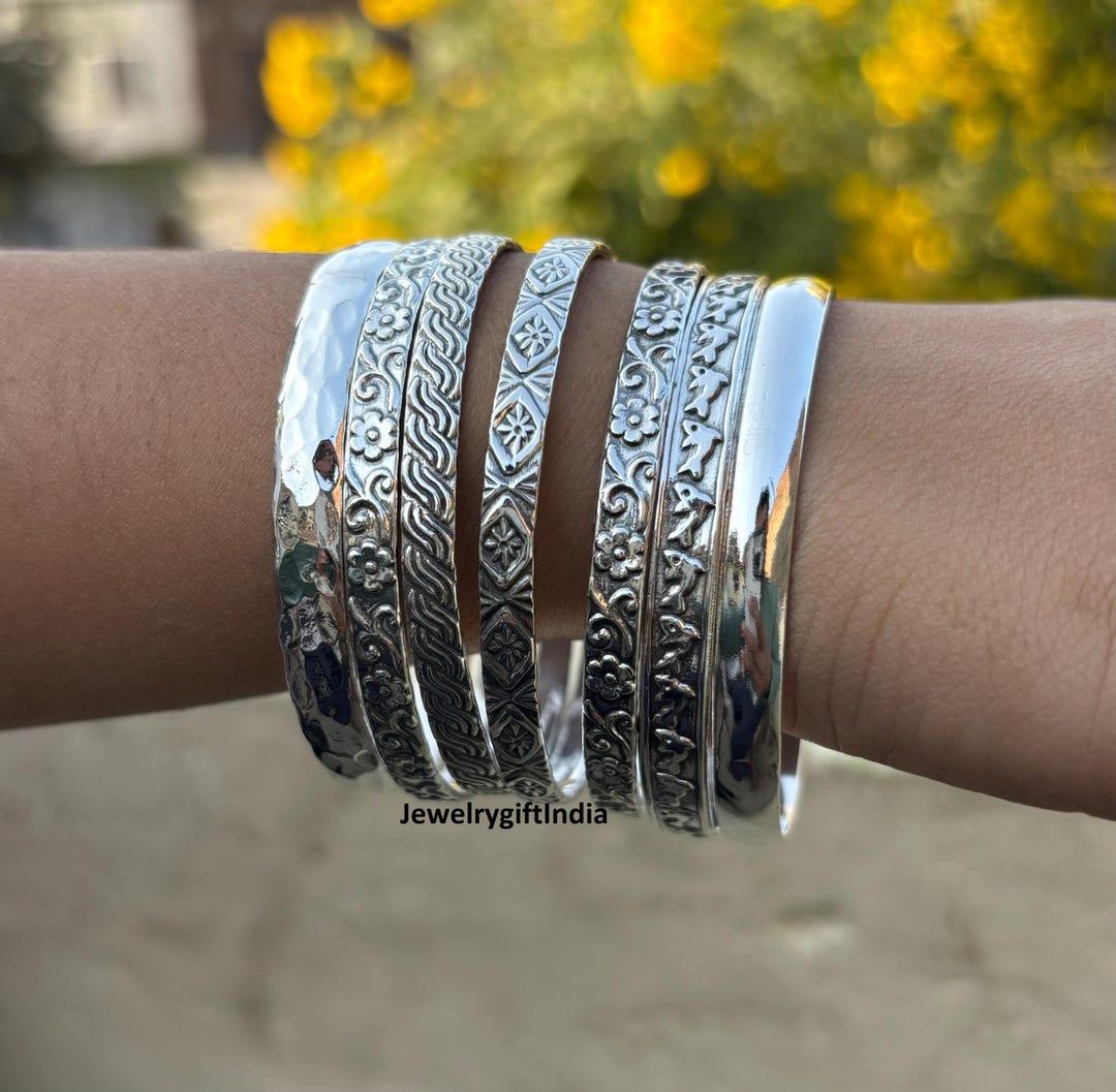 Sterling Silver Bangle Set: Etched Indian Jewelry, Set of 7 - Etsy