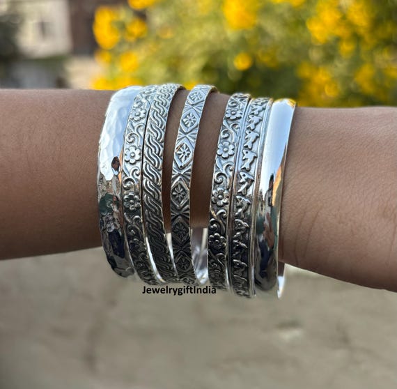 Sterling Silver Bangle Set: Etched Indian Jewelry, Set of 7 - Etsy