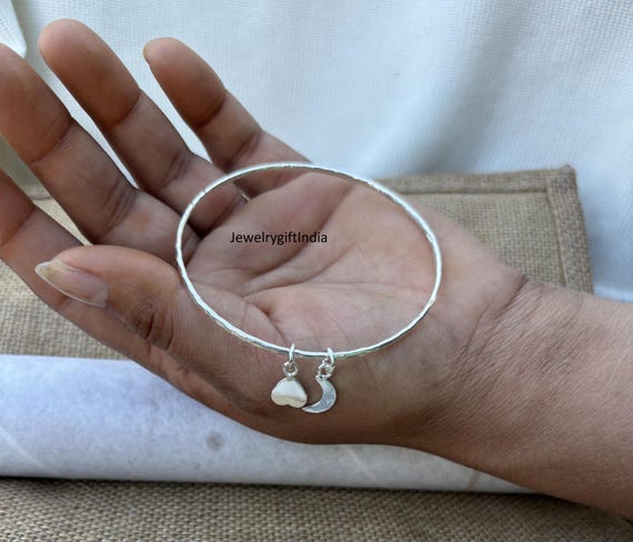 Sterling Silver Heart & Moon Bangle: Handmade Charm Bracelet - Etsy