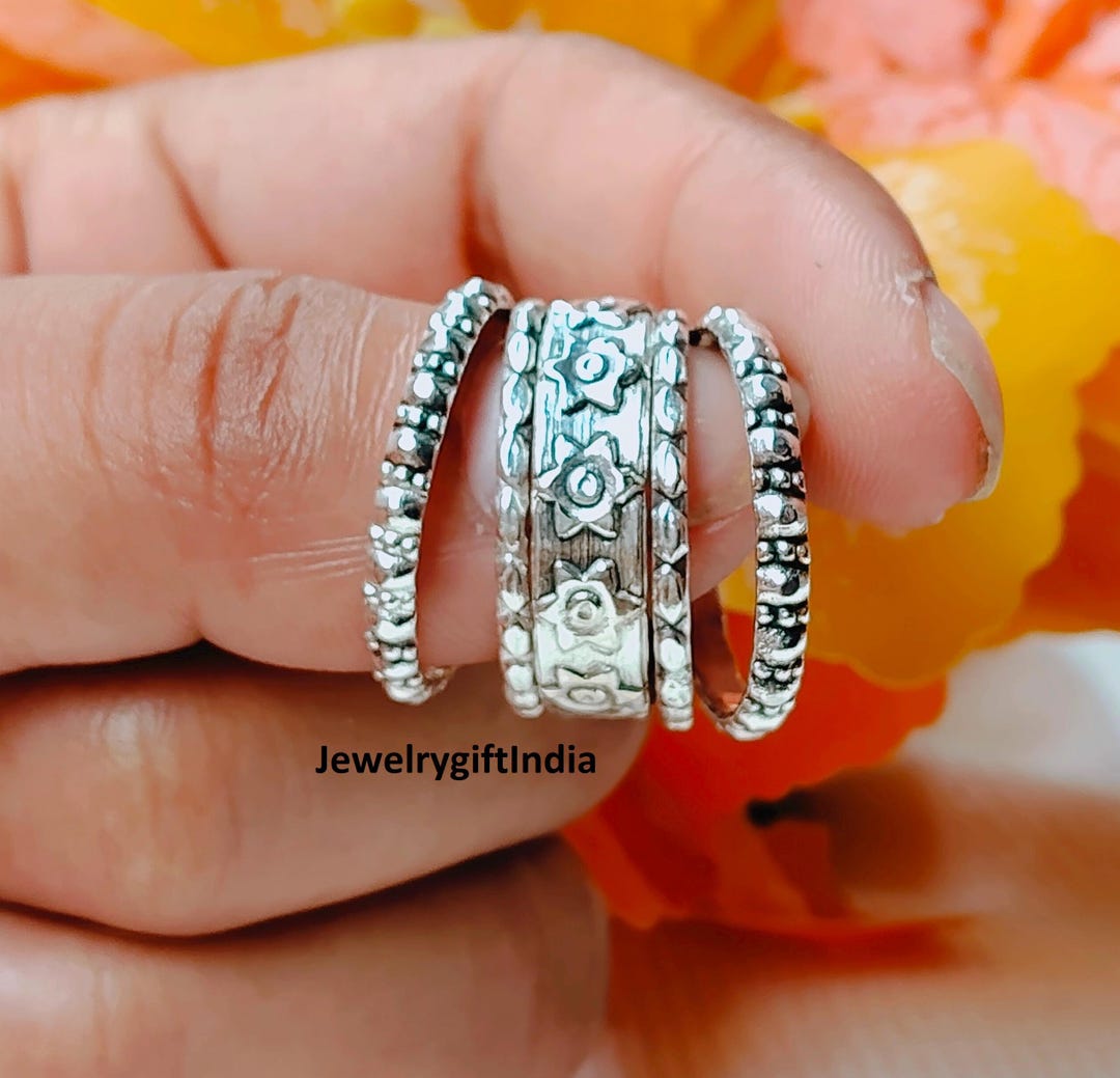 Sterling Silver Band Ring Set: Handmade Floral Stacking Rings - Etsy