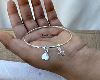 Sterling Silver Heart & Star Charm Bangle: Handmade Recycled Eco