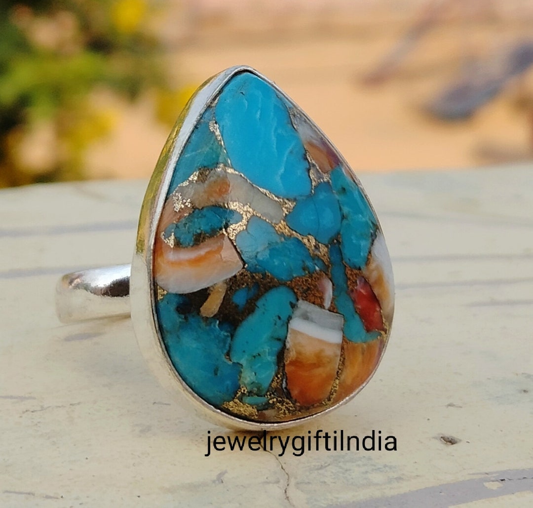 Oyster Copper Turquoise Rectangle Shape Gemstone Silver Ring 925 ...