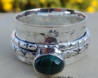 Malachite Stone, 925 Sterling Silver Ring, Wide Band Ring, Meditation Ring, Hammered Ring, Statement Ring, Handmade Ring, Jewelry