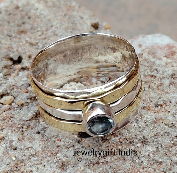 Spin Ring with Three Gold Spinning Bands Hammered Antiqued Sterling Silver Spin Ring with Three Gold Spinning Bands Hammered Antiqued Sterling Silver