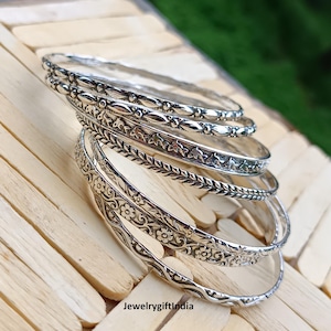 Sterling Silver Bangle Set of 7: Handmade Boho Jewelry