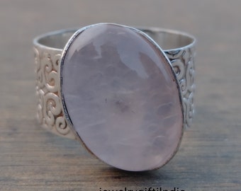 Rose Quartz Gemstone Silver Ring | 925 Sterling Silver Smooth Oval Gemstone Ring | Designer Handmade Women Silver Jewelry Mother's Day Gift