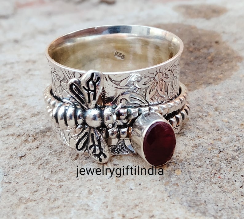 Rubymotion Spinner Rings Handmade Ruby Sterling Silver Spinner Ring: Honey Bee Fidget Ring - Etsy