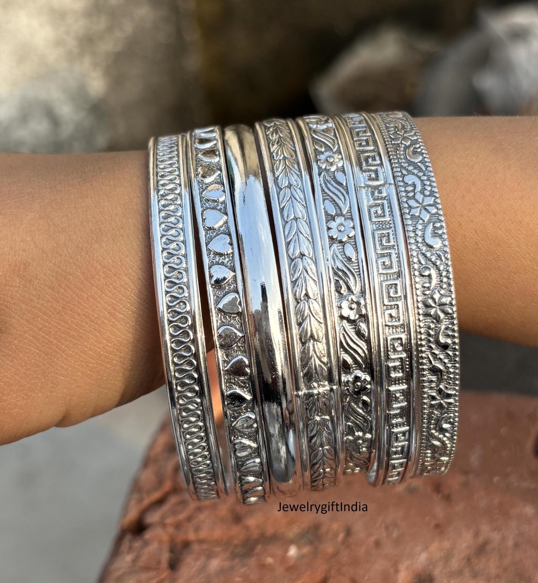 Sterling Silver Stacking Bangles - Set of 7 - Handmade Indian Jewelry