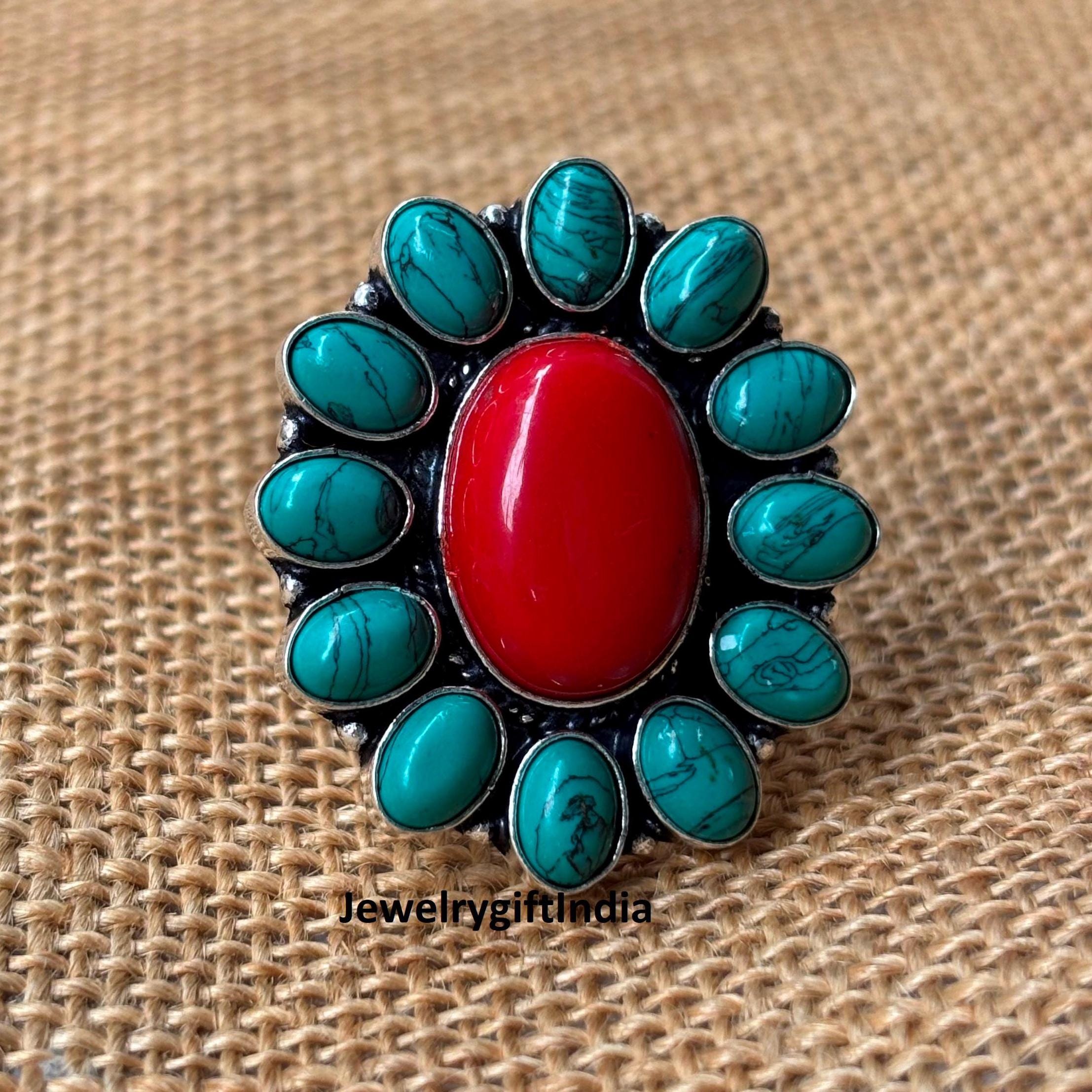ビンテージ ターコイズ レッドコーラル シルバー 925 リング レッドコーラル＆ターコイズリング：ハンドメイドスターリングシルバー