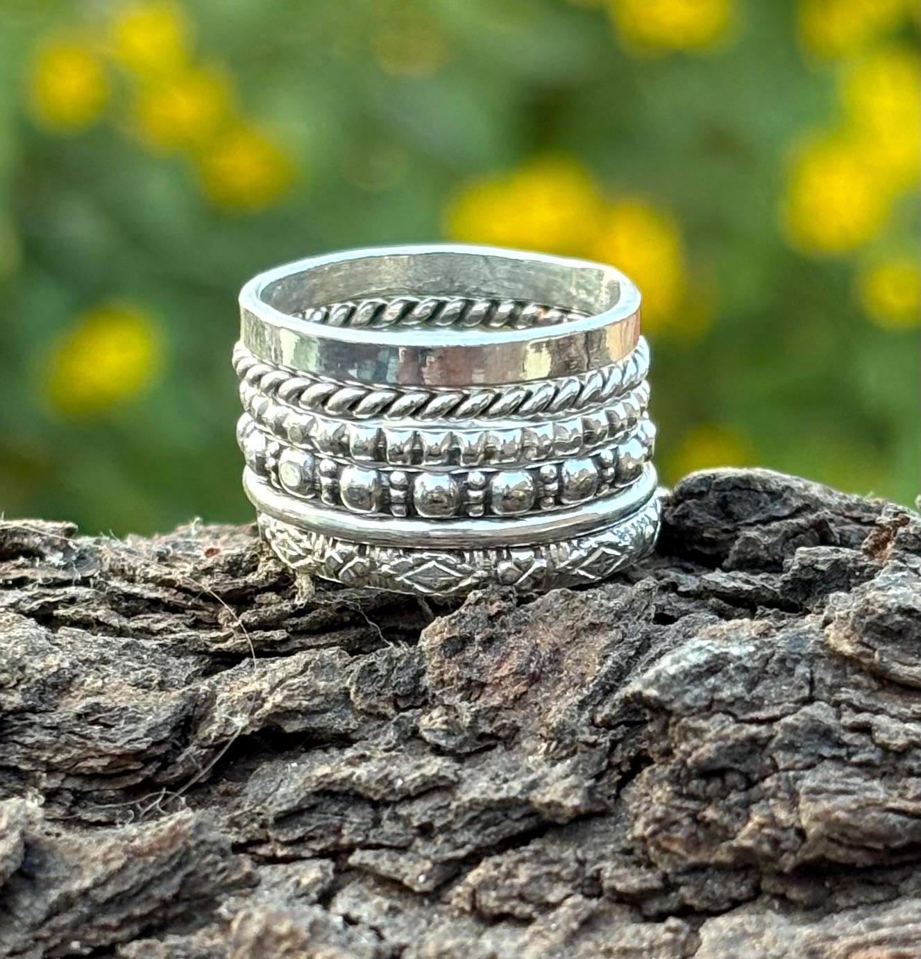 リングセット 6つセット Set of 6 Sterling Silver Stacking Rings, Thin & Thick Rings