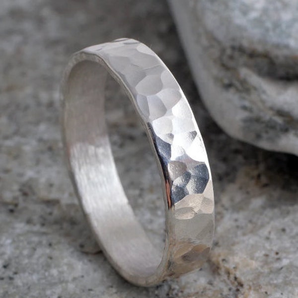 Hammered Silver Band Ring -925 Sterling Silver Band Ring -Sterling silver handmade 4mm hammered band ring 925 hammer finish silver ring