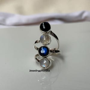 Labradorite Moonstone Sterling Silver Ring: Adjustable Boho Handmade
