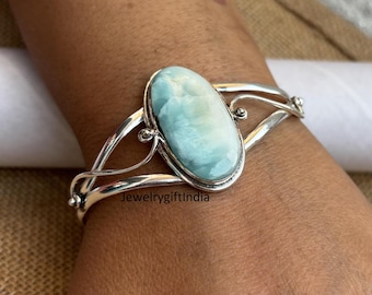 Handgemaakte sterlingzilveren larimar-armband