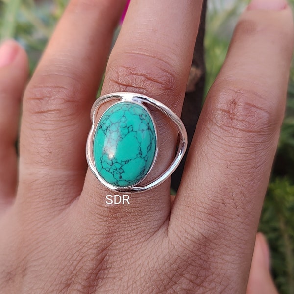 Grande bague turquoise, bague de cocktail ovale 20 mm x 15 mm en argent sterling 925, pierre précieuse bleue, pierre de naissance de décembre, bague moderne, Mistry Gems