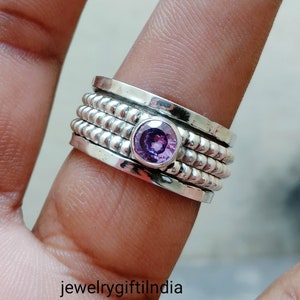 Handmade Amethyst Sterling Silver Spinner Ring: Boho Fidget Jewelry