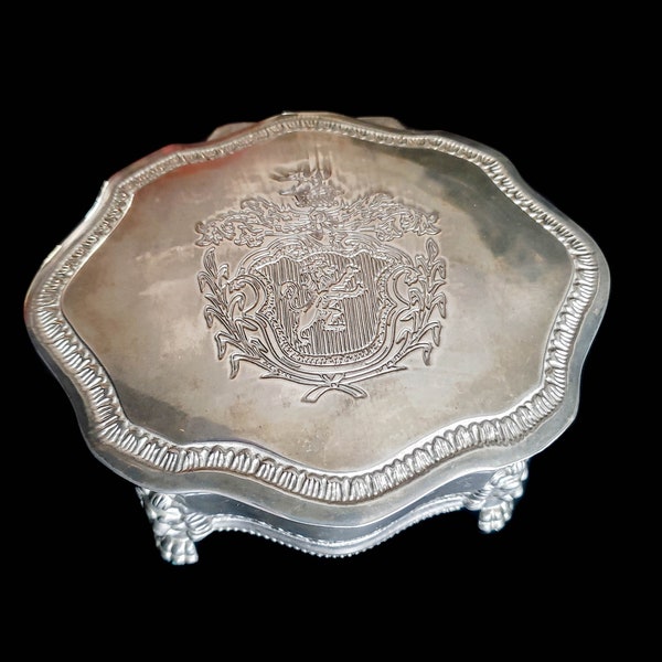 Vintage Jewelry Box. Silver Plate 1970's. Dieu Et Mon Droit British Royal Crest