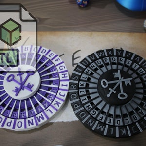 May include: Two 3D printed alphabet cipher wheels, one white with purple accents and one black with grey accents. Both wheels feature a keyhole design and the letters of the alphabet.