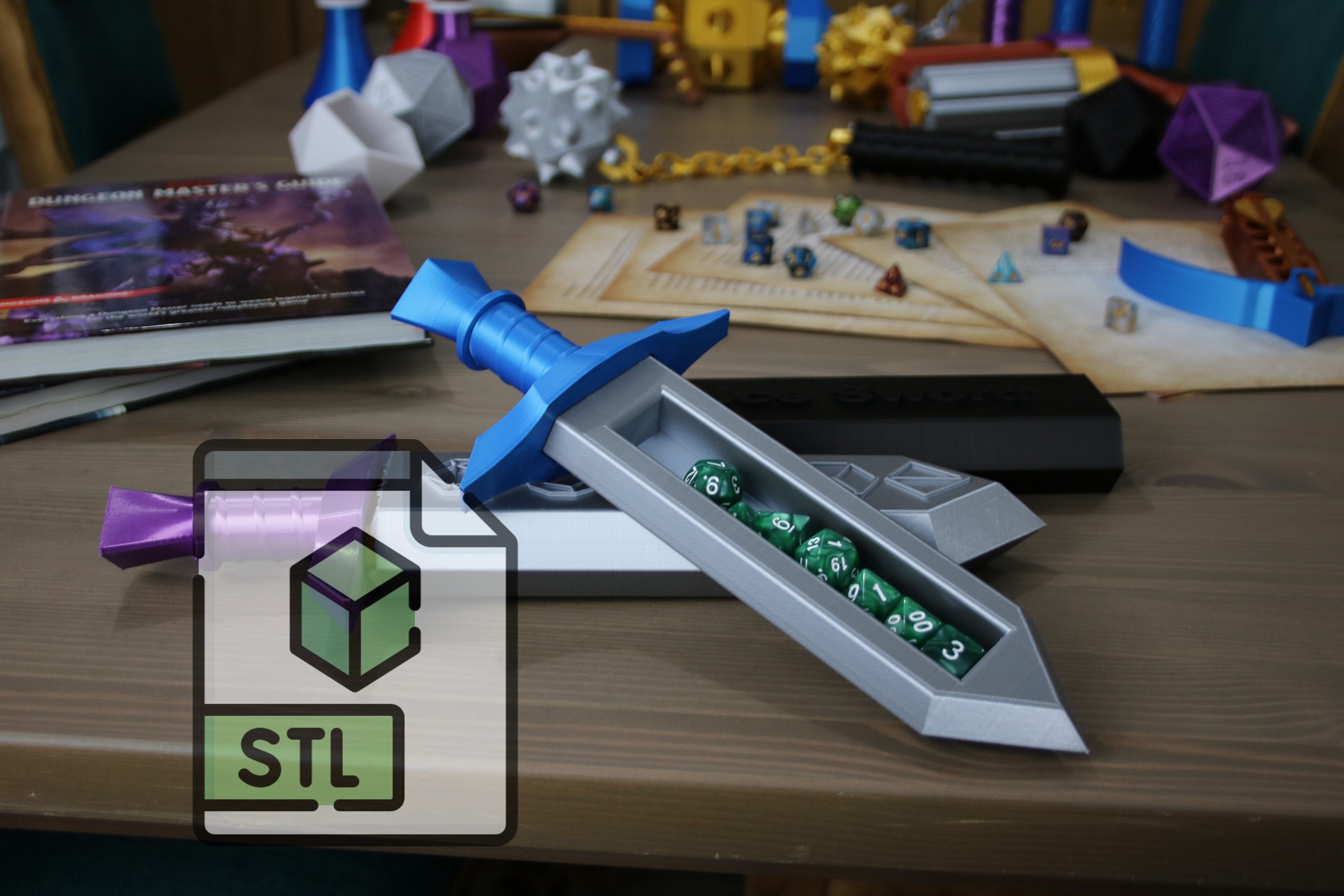 3D Printed Sword-shaped Storage Box With Dices Replica