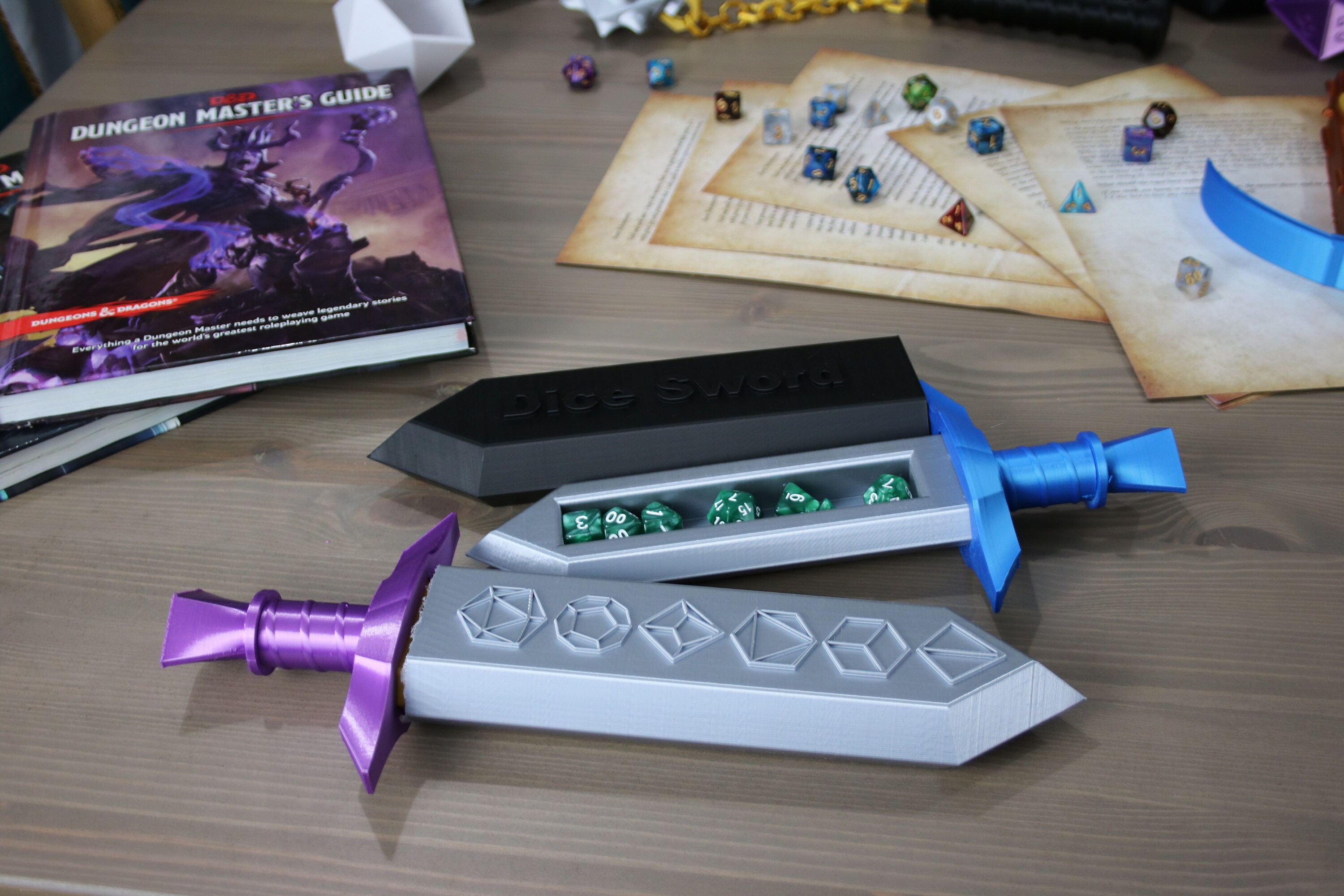 3D Printed Sword-shaped Storage Box With Dices Replica