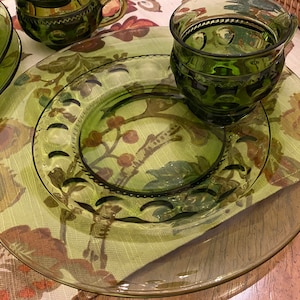 Puede incluir: Un juego de platos de vidrio verde con un dise&ntilde;o texturizado. El juego incluye un plato peque&ntilde;o, una taza y un platillo.