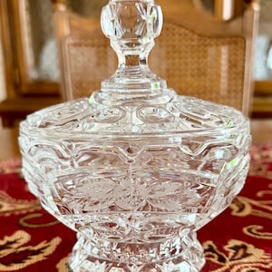 Vintage Pressed Glass Candy Dish with Lid | Frosted Floral Pedestal Compote