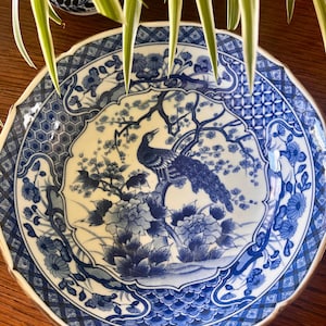 Vintage Blue & White Porcelain Bowl | Hand-Painted Peacock Decor | Japanese Collectible | Andrea by Sadek