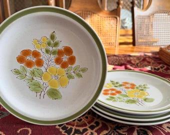 Vintage Stonecrest Salad Plates (Set of 4) | 70s Hand-Painted Floral Stoneware