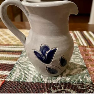 Williamsburg Salt Glaze Pottery Creamer/Small Pitcher Cobalt Blue Tulip 3” Tall