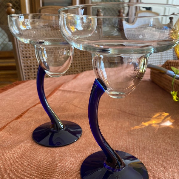 Vintage Set-of-2 Libbey Bravura Margarita Glasses with Cobalt Blue Curved Stems- beautiful