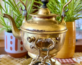 Antique S. Sternau & Co. Brass Tilting Tea Kettle on Stand (Brooklyn NY, Circa 1900)