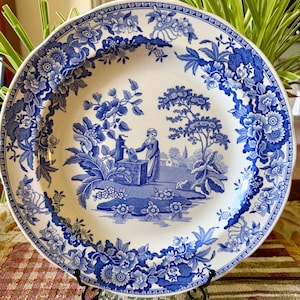 May include: A round ceramic plate featuring a white base with a blue transferware pattern. The center depicts a person standing by a stone well, surrounded by trees and foliage. The rim is decorated with a dense floral and botanical border.