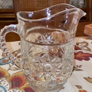Vintage Anchor Hocking Press-cut Handled  Clear (Star of David) Pint Pitcher - 16 oz.