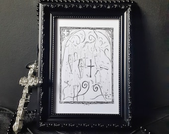 Graveyard Cemetery, Gothic Art Print, A5