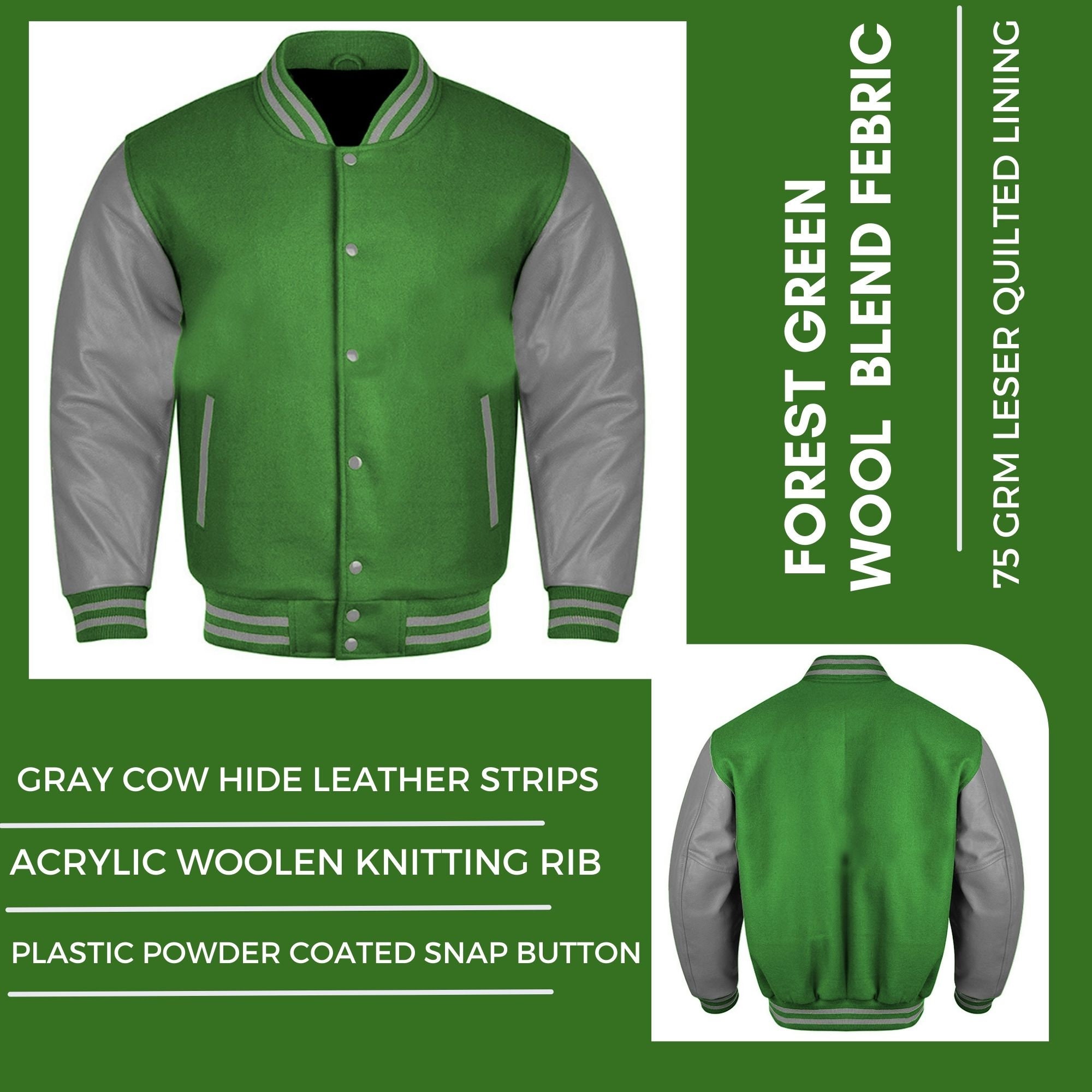 Varsity Letterman Bomber Baseball Forest Green Wool & Gray Leather Sleeve  jacket