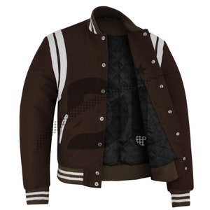 Varsity Hand-Made Baseball College Lettermen Retro Vintage Bomber Brown Wool & White Leather Strips Stylish Jacket