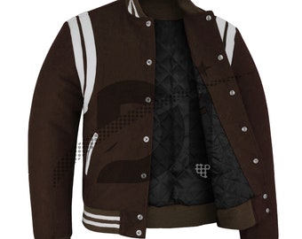 Handmade Wool Varsity Jacket: Brown, White Leather Sleeves, Retro Bomber