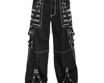 Unisex Gothic Hand Crafted White Threads & Mesh  Pant/Short Black Punk Buckle Zips Chain Strap Punk Trousers with understated Electro Pant