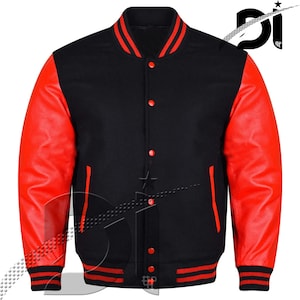 Varsity Hand Crafted Baseball College Lettermen Retro Bomber Solid Black Wool & Red Leather Jacket with Black/Red Trimming