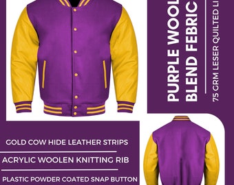 Varsity Baseball College Lettermen Retro Bomber Purple Wool & Gold Leather Jacket ~ Gift for Him ~ Gift for Her