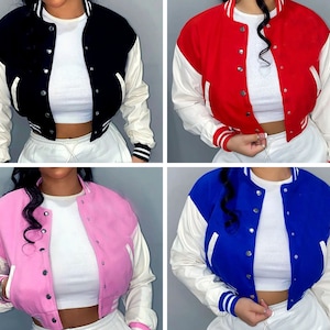 Women Hand-tailored  Classic Varsity Baseball College Lettermen Retro Bomber Crop Top Jacket with Wool Blend and leather Sleeve Jacket