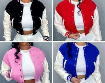 Wool Blend Varsity Jacket: Leather Sleeves, Cropped Retro Bomber
