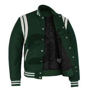 Varsity Baseball hecho a mano College Lettermen Retro Vintage Bomber bosque verde lana y tiras de cuero blanco chaqueta elegante